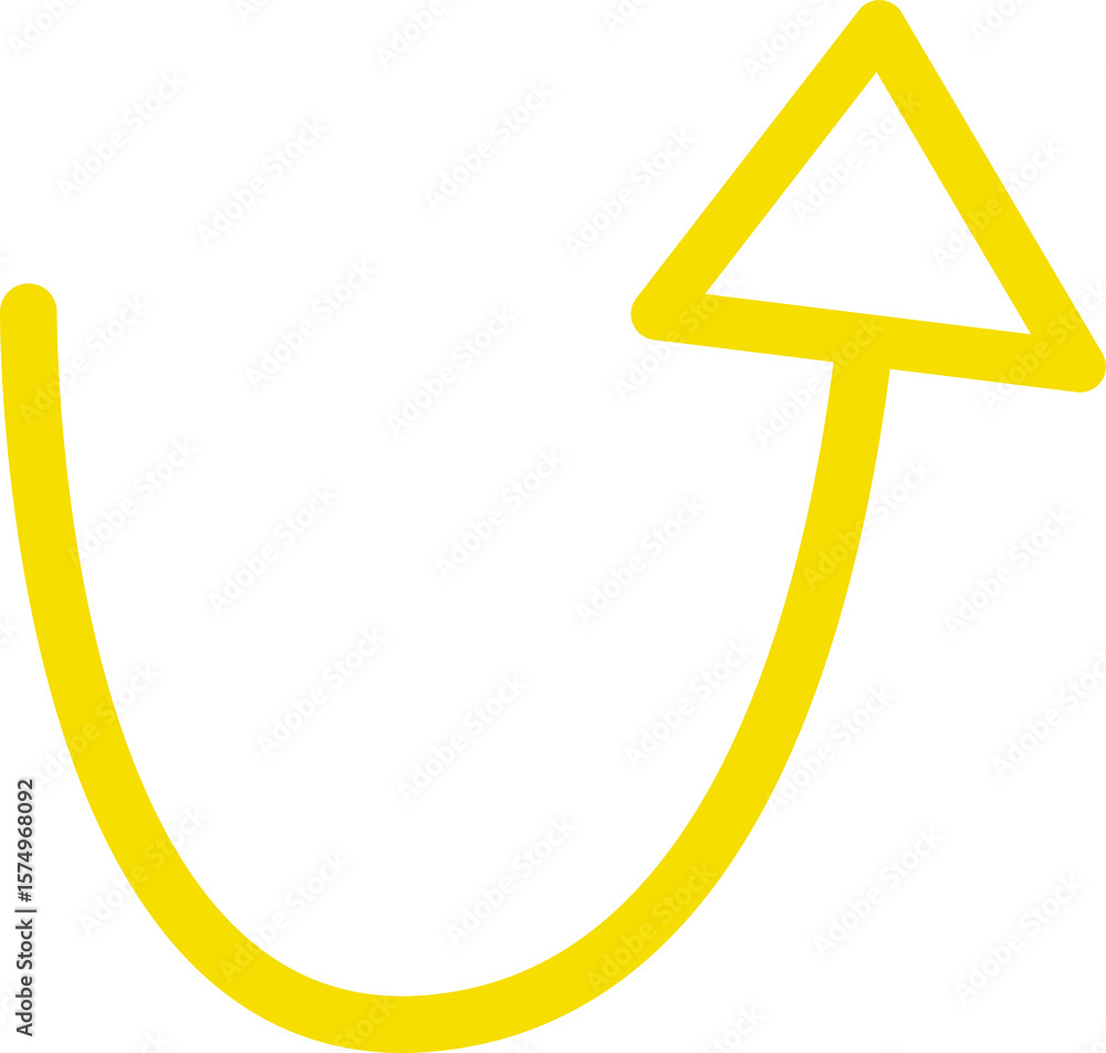 Poster bright yellow curved arrow pointing upwards and to the right isolated on transparent background