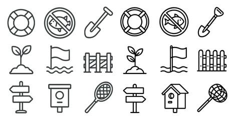 Obraz premium Series of black and white icons that represent various outdoor activities and objects. The icons include a life preserver, a shovel, a tennis racket, a flag, a house, a birdhouse, a bird, a fish