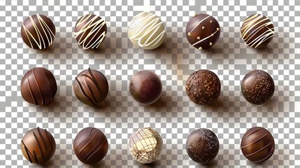 Fifteen assorted chocolate truffles with various toppings and designs arranged in a grid pattern on a transparent background.
