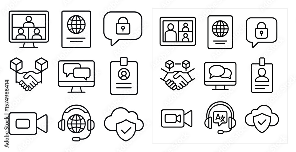 Poster set of icons for a computer program. the icons include a handshake, a handshake with a person wearin