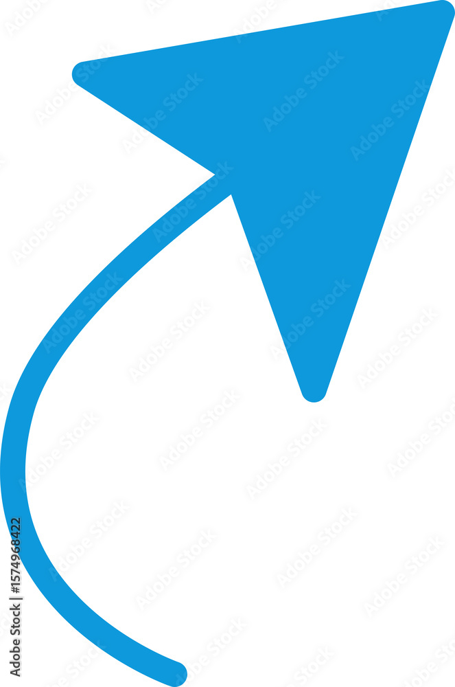 Poster blue curved arrow pointing upwards and to the right isolated on transparent background