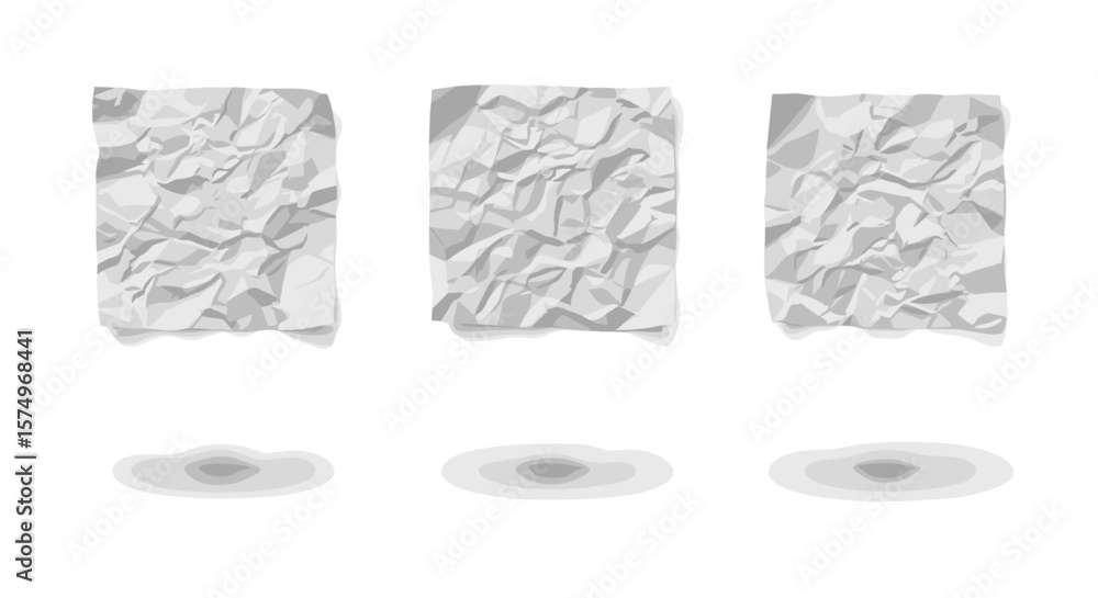Poster three crumpled paper sheets with soft shadows underneath on a plain white background surface view
