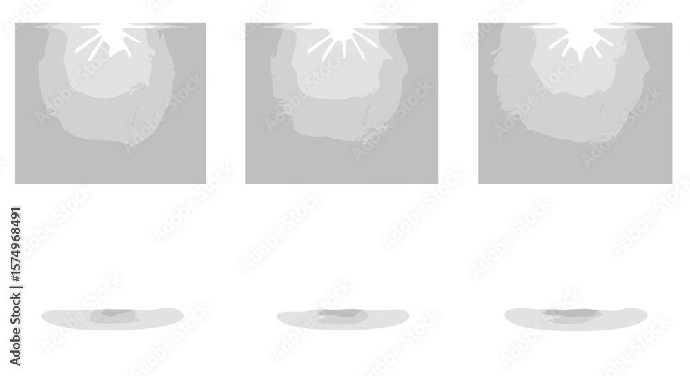 Poster three vertical gray rectangles with light emanating from the top and small shapes below them