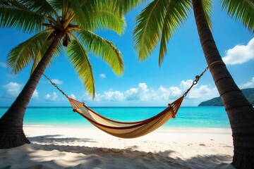 Fototapeta premium Relaxing hammock strung between palm trees on a pristine Hawaiian beach, gentle ocean breeze rustling through leaves Perfect tropical getaway escape , waves, idyllic