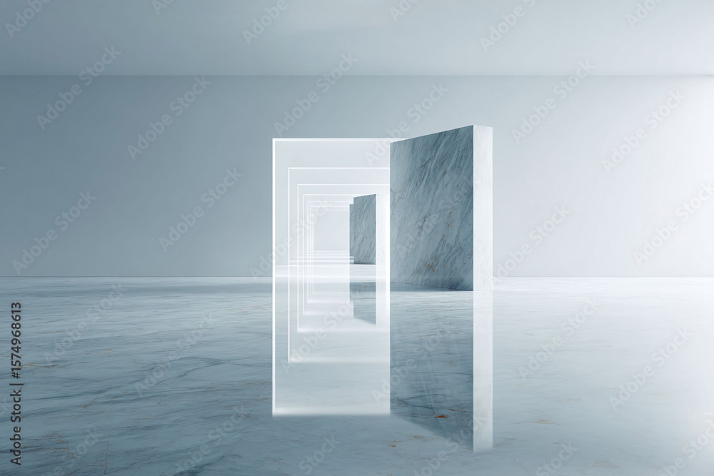 Poster abstract minimalist scene. marble blocks and light frames create a perspective tunnel. ideal for arc