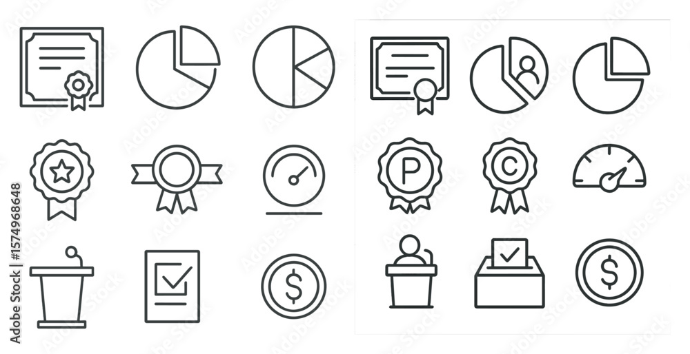 Aufkleber set of icons for a voting system. the icons include a check mark, a dollar sign, a voting ballot, an