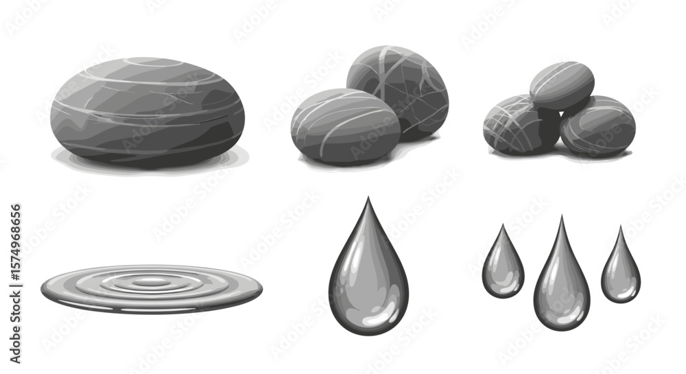 Poster illustration of gray stones in various arrangements with water droplets and ripples creating a patte