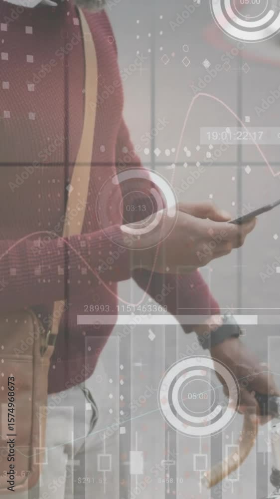 Poster animation of diagrams and data processing over african american man using smartphone in city