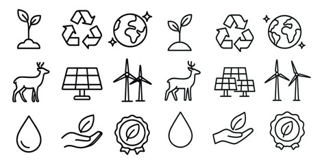 Collection of symbols and icons that represent various aspects of environmentalism and sustainability. The symbols include a deer, a windmill, a tree, and a hand. Scene is one of hope and progress