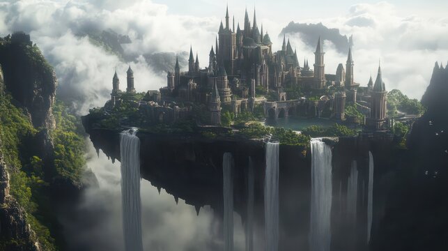 Majestic floating castle with waterfalls amidst misty mountains and lush greenery
