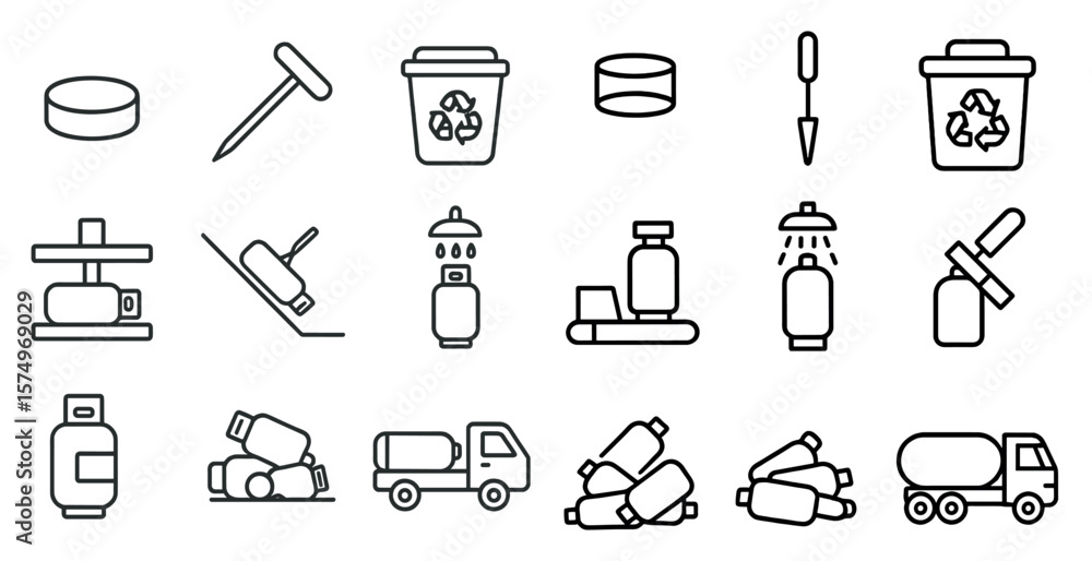 Poster series of icons depicting various objects and activities related to recycling and waste management. 