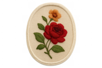 Oval fabric artwork displaying embroidered red rose and small orange bloom, highlighting intricate needlework against translucent backdrop