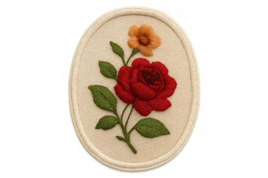 Oval fabric artwork displaying embroidered red rose and small orange bloom, highlighting intricate needlework against translucent backdrop