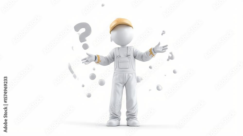 Poster confused worker: 3d character surrounded by question marks