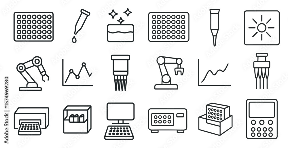 Poster collection of various objects and symbols, including a computer, a calculator, a robot, and a piece 