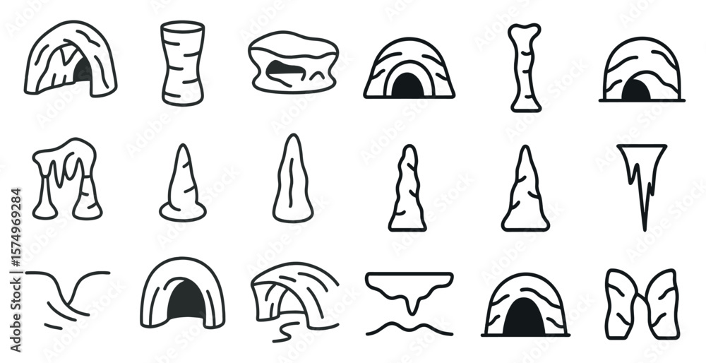 Poster set of drawings of various types of caves and tunnels. the drawings are all in black and white and a