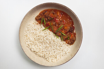 Hearty Meat Goulash Stew with Steamed Rice
