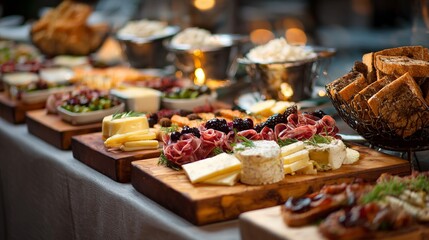 Lavish buffet display features elegant cheese boards, gourmet meats, artisan breads, and savory accompaniments for a sophisticated gathering.