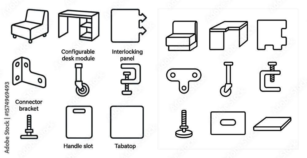 Poster white and black image of various furniture pieces, including a desk, chair, and table. the image is 