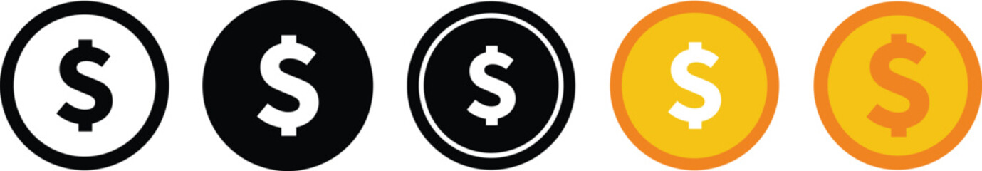 Set of dollar currency icon symbol. Popular international currency sign isolated on transparent background. US dollar coins icon signs. Vector illustration.
