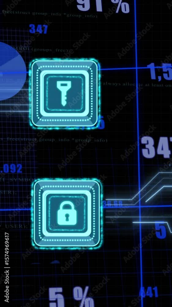 Poster animation of data processing and padlock and key icons over dark background