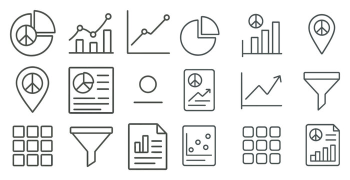 Collection of graphs and charts, including pie charts, line graphs, and scatter plots. Scene is one of organization and data analysis
