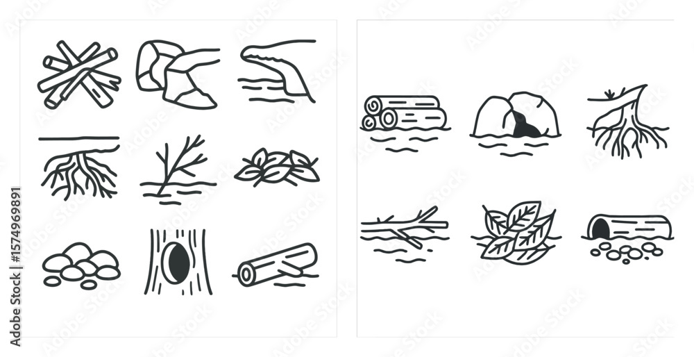 Poster the image is a set of drawings of various natural elements such as trees, rocks, and water. the draw