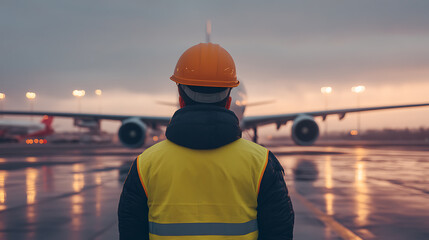 Airport Worker Overseeing Jet: A worker in protective gear stands before a passenger jet at an airport, signaling safety and focus on aviation operations.