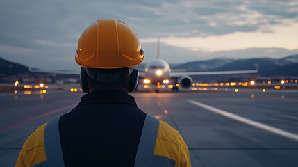 Airport Worker Overseeing Aircraft at Dusk