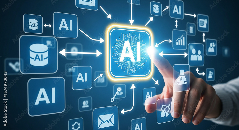 Poster artificial intelligence ai technology concept with finger touching ai icon on digital interface 100