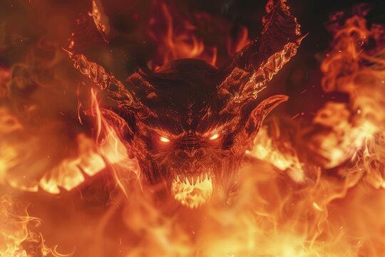 Scary devil with horns emerging from burning flames and glowing eyes