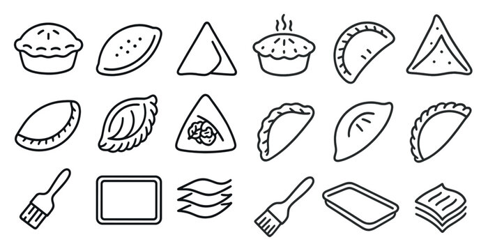 Collection of food items in a line drawing style. The food items include pies, pastries, and other baked goods