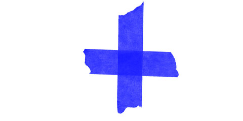 A blue cross shape with rough edges isolated against a solid black background in a simple design
