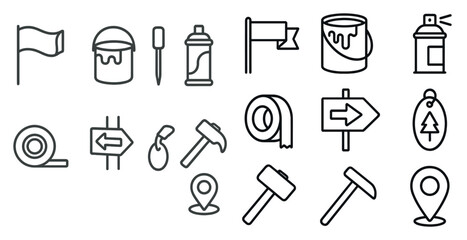 Set of black and white icons for tools and home improvement. The icons include a hammer, a paint bucket, a roll of tape, a spray can, a paintbrush, a compass, a sign, a flag, and a tree