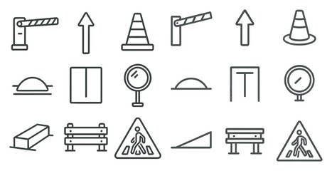 Collection of traffic signs and symbols. The signs include a crosswalk, a stop sign, a yield sign, a speed bump, a speed limit sign, a roundabout sign, a parking sign, a pedestrian crossing sign