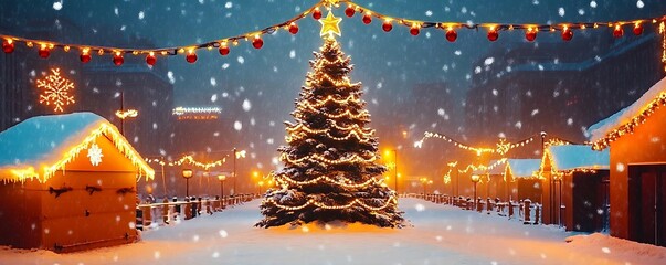 
Christmas background. Xmas tree with snow decorated with garland lights, holiday festive background. Widescreen frame backdrop. New Year Winter art design

