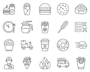 Fast Food Vector Icon Set Featuring Burgers, Fries, and Desserts