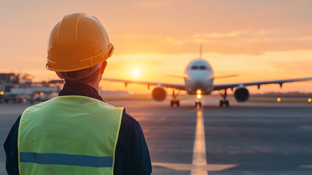 Airport worker overseeing aircraft at sunset, safety in aviation, ramp agent inspecting jet, airport operations, worker in hard hat and vest.