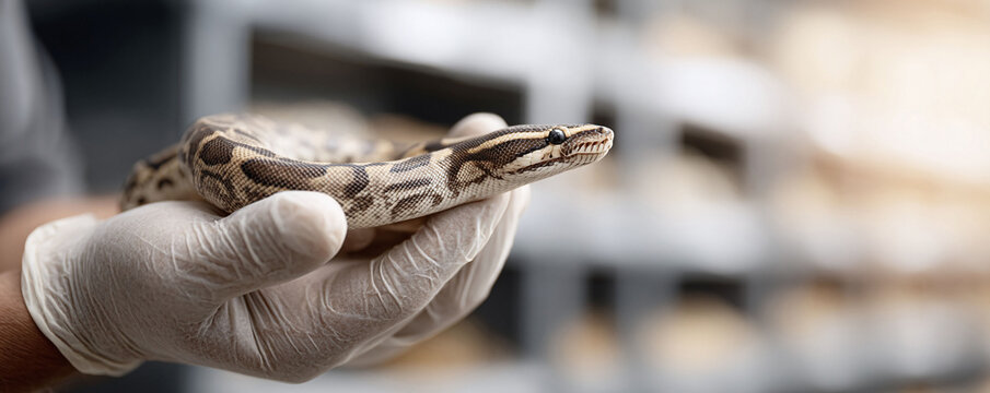 Gentle hands in protective gloves cradle a ball python, showcasing reptile care and safety. Ideal for science, pet, or veterinary contexts. Exotic, calm, and intriguing.