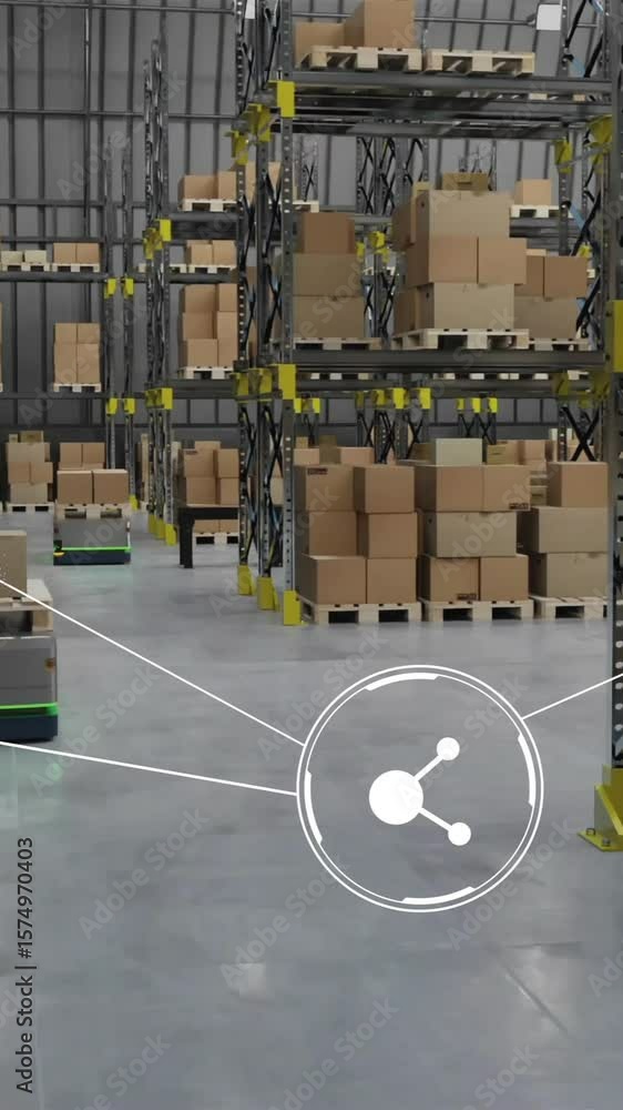 Poster animation of network of connections with icons over machines working in warehouse