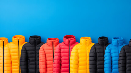Colorful down jackets lined up against a vibrant blue backdrop. Versatile outerwear for warmth and style. A winter wardrobe essential.