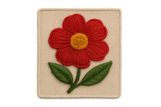 Close-up of a red flower with green leaves, embroidered on a square piece of beige canvas, isolated on a transparent background
