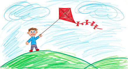 Naive child's drawing of a smiling boy flying a red kite on a grassy hill under a cloudy sky, hand-drawn with crayons in preschool outdoor style