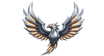 Naklejka premium A Powerful Phoenix Emblem in Gleaming Silver, Symbolizing Rebirth and Strength, A Majestic Bird of Myth with Glowing Eyes