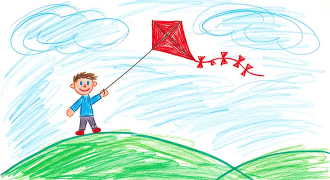 Naive child's drawing of a smiling boy flying a red kite on a grassy hill under a cloudy sky, hand-drawn with crayons in preschool outdoor style