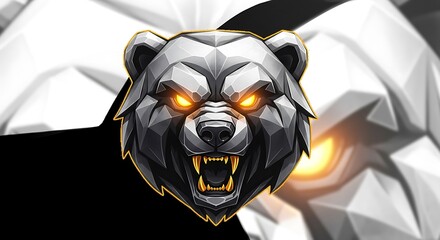 Fierce metallic bear head mascot with glowing eyes. Aggressive grizzly symbol for an esport gaming team logo or emblem.