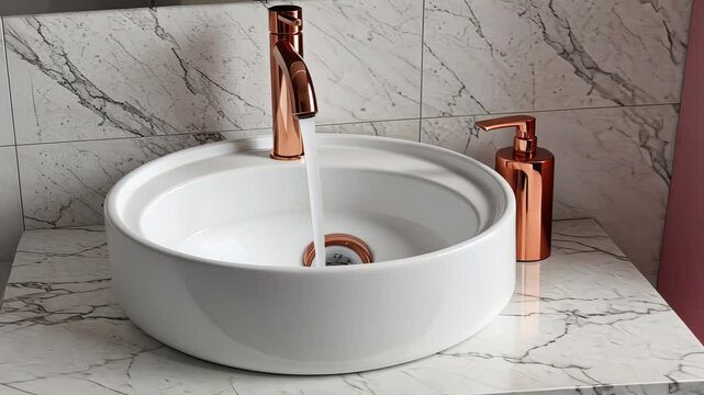Elegant rose gold minimalist bathroom tap with flowing water in modern interior design
