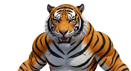Obraz premium Concept art of a muscular anthropomorphic tiger. A powerful and aggressive fantasy creature roaring fiercely, isolated on a white background.