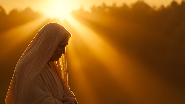 Woman in golden light: Serene profile of a woman with head covering. Bathed in golden sunlight, creating a spiritual and peaceful moment of contemplation.