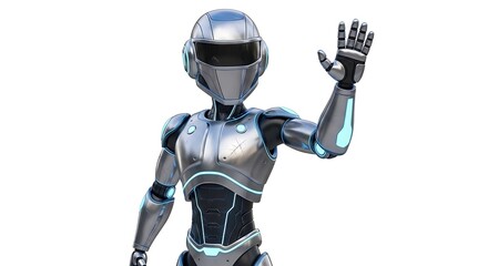 Fototapeta premium Friendly Robot Waving Hello with a Metallic Hand on an Isolated White Background, Futuristic Automaton in a Welcoming Gesture on a Clean Background